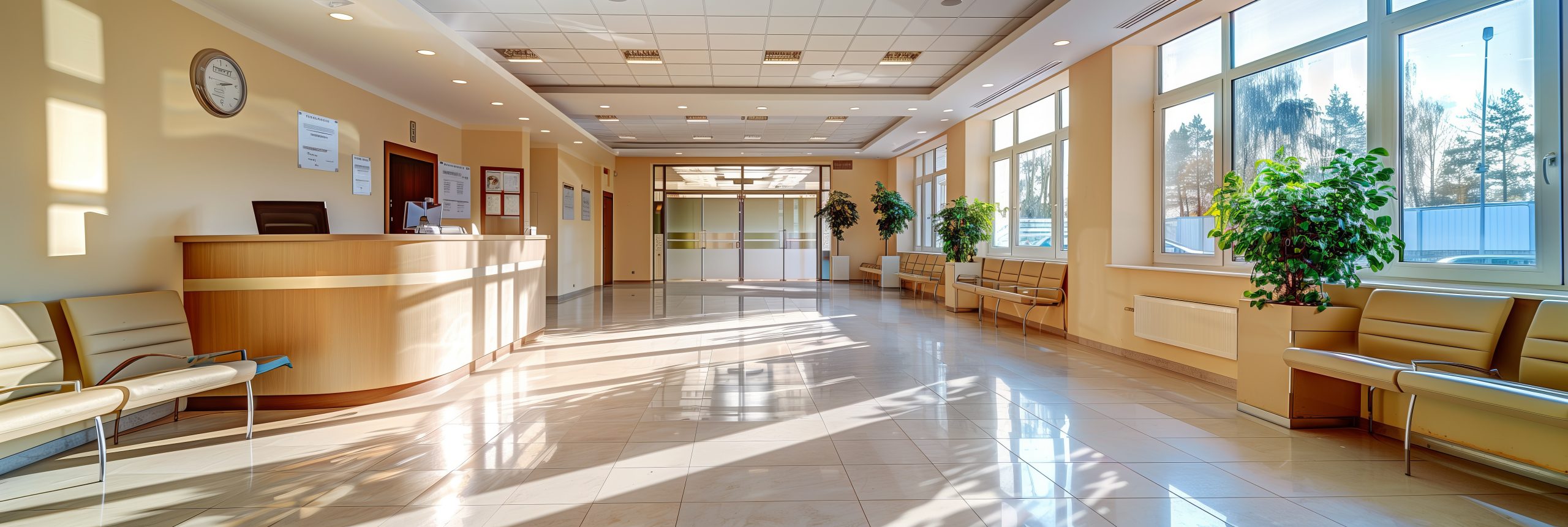 Cette photo montre un hall d'accueil et d'attente dans un établissement de santé. Elle se trouve sur une page dédiée à l'agencement des établissements de santé, présente sur le site internet de EGGO agencement