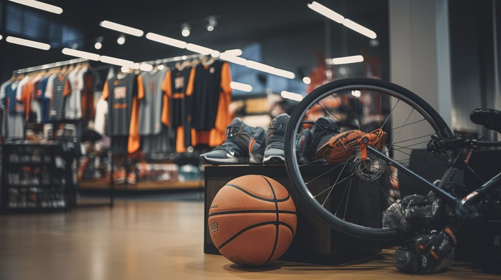 Sur cette image, on distingue des équipements de sport et divers présentoirs mis en place dans une boutique. Cela illustre le fait que chez EGGO, nous savons mettre en valeur vos produits, et agencer toutes vos boutiques de sport