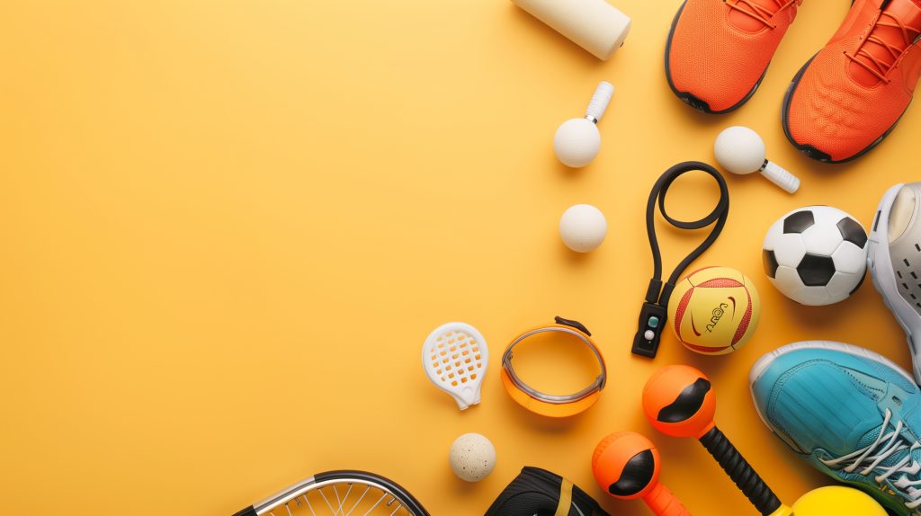 L'image montre des accessoires de sport, dans une page dédiée au fait que nous savons agencer des magasins de sport pour nos clients